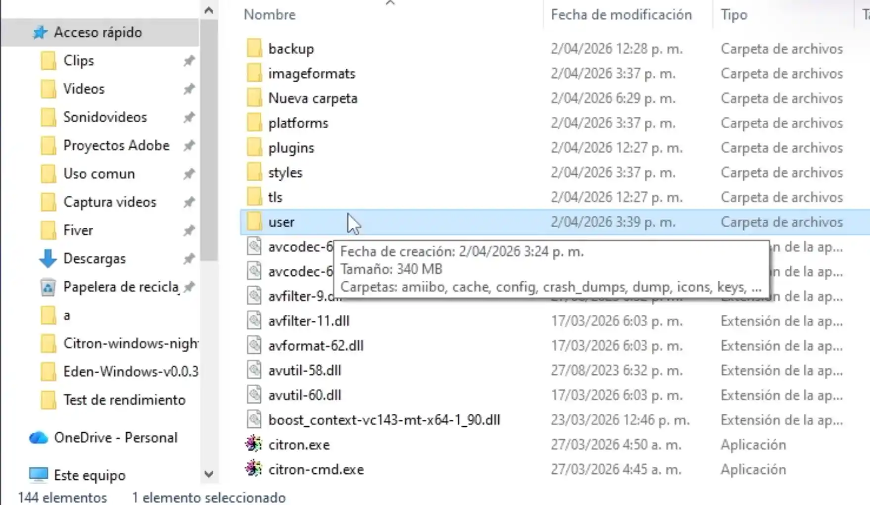 File Explorer: empty folder named user next to Citron.exe